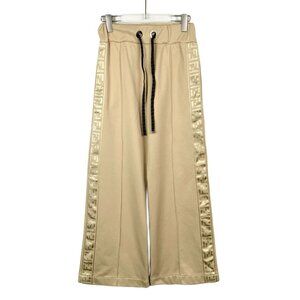 Fendi Beige Drawstring Straight-Leg Trousers W/ Logo Trim Size 36